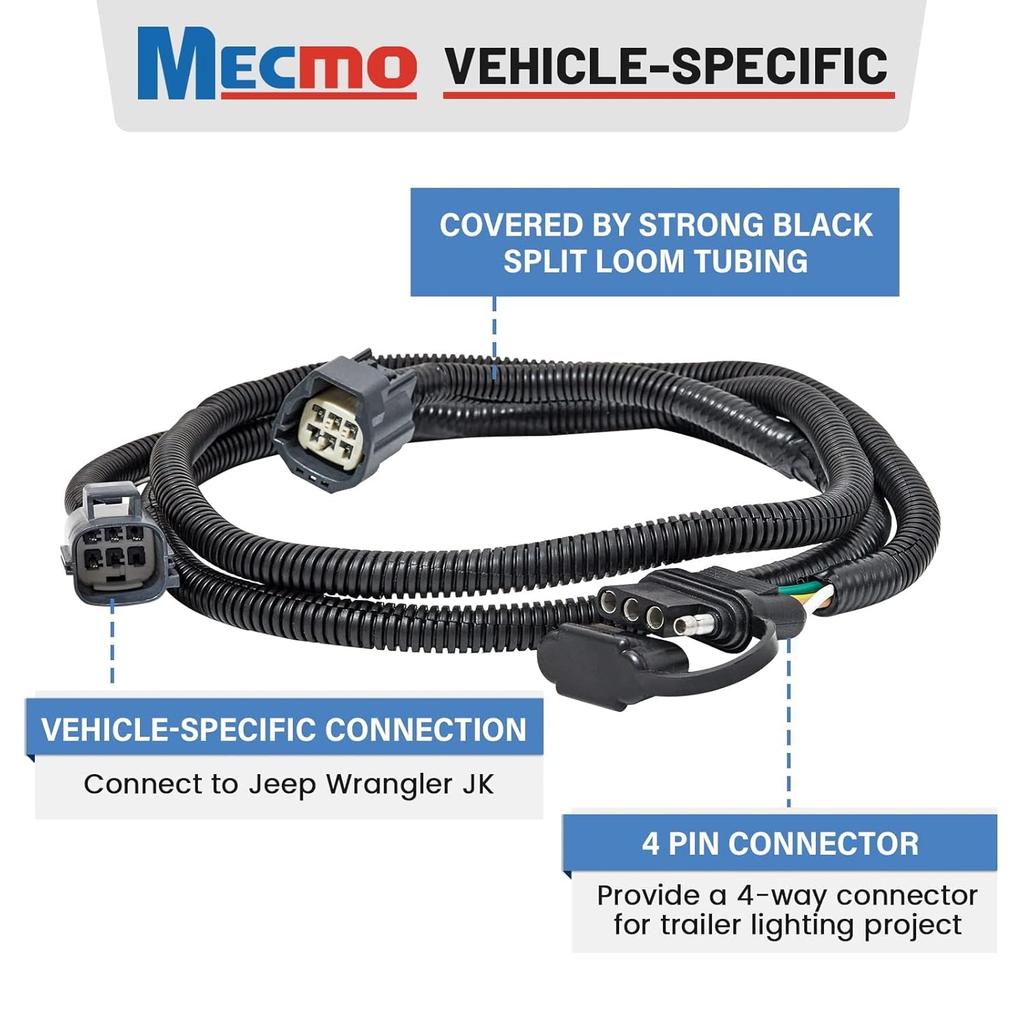 4-контактная проводка для прицепа MECMO для Jeep Wrangler JK JKU 2007-2018, Проводка для фаркопа для Rubicon Sahara Sport Unlimited 2-дверный 4-дверный Прицеп