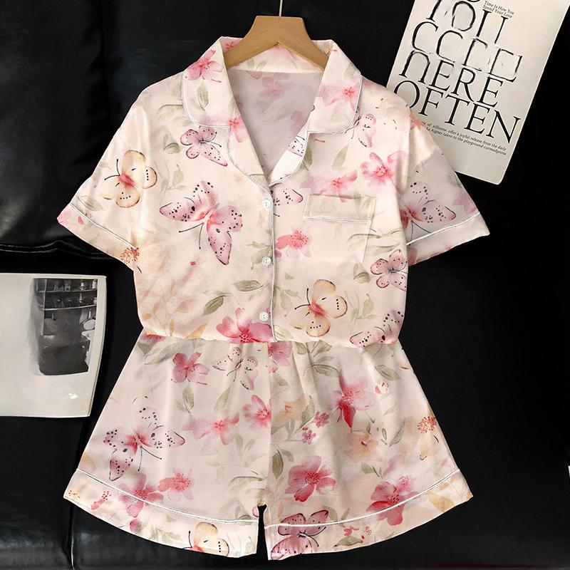 Летний женский пижамный комплект, роскошная атласная шелковая пижама с коротким рукавом, милая мультяшная пижама, повседневная домашняя одежда, ночная одежда для женщин