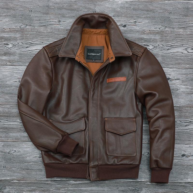 Chinese Size Genuine Cowhide Leather Men Leather Jacket Flight A2 Jackets Hand Edged Aviator Bomber Coat Men Leather Jacket Autumn