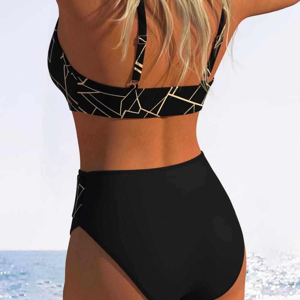 New two-piece set, digitally printed high-waisted and thin bikini swimsuit for women