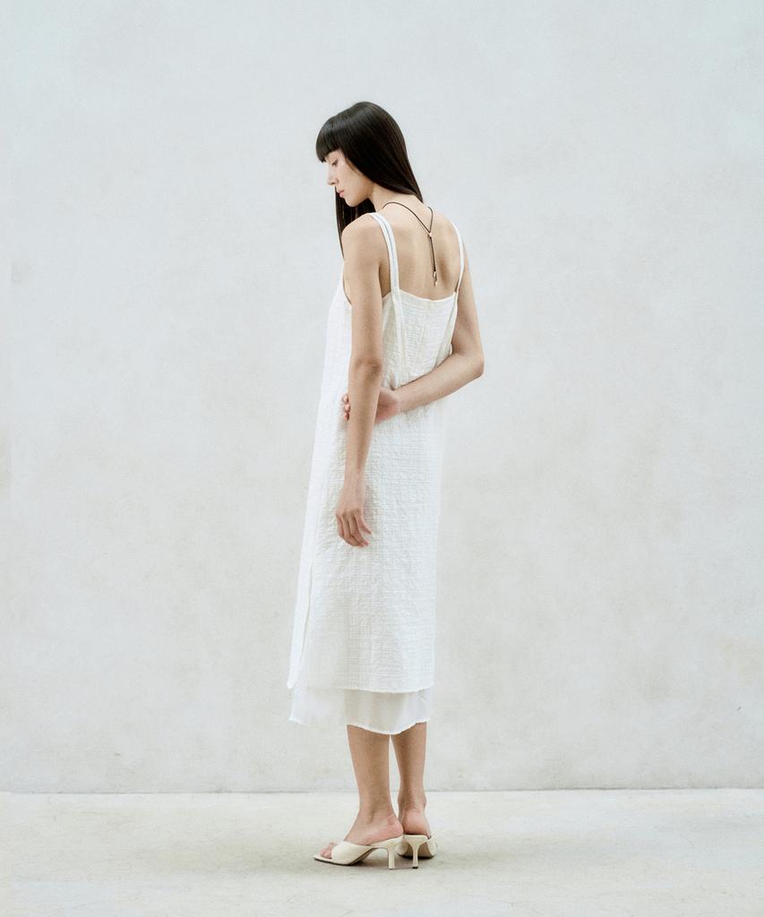 Rie Checked-Chiffon Layered Midi Dress White