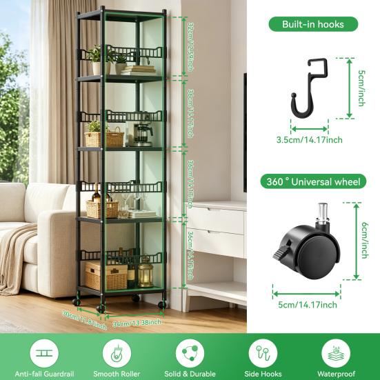 Thickened Carbon Steel Storage Rack 5-Tier Adjustable Metal Shelf with Locking Wheels, 440 lbs Capacity, Heavy Duty Layer Height Triangle Support,
