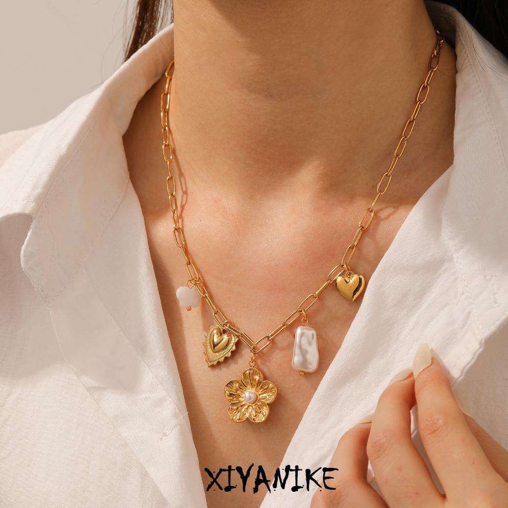 316L Stainless Steel Pearl Inlay Flower Butterfly Heart Pendant Necklace Women Classic Fascinating Neck Chain Jewelry