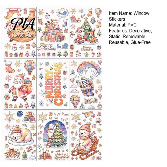 Winter Wonderland Ornaments 9Pcs Christmas Window Clings, Macaron Static Stickers, Glue Free Glass Stickers with PVC Decoration Sheets Santa Claus and