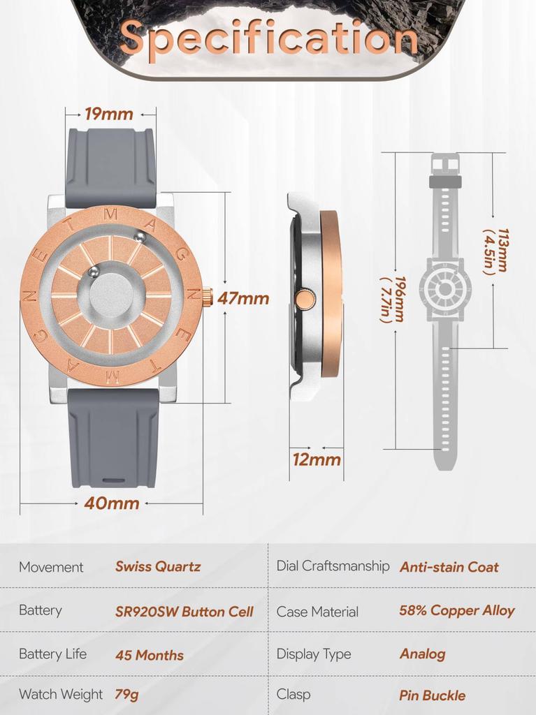 [EUTOUR] Магнитные часы Мужские часы Классные простые повседневные кварцевые часы Дизайн с магнитным шариком Водонепроницаемые 40-миллиметровый циферблат Резиновый ремешок Золото и серебро