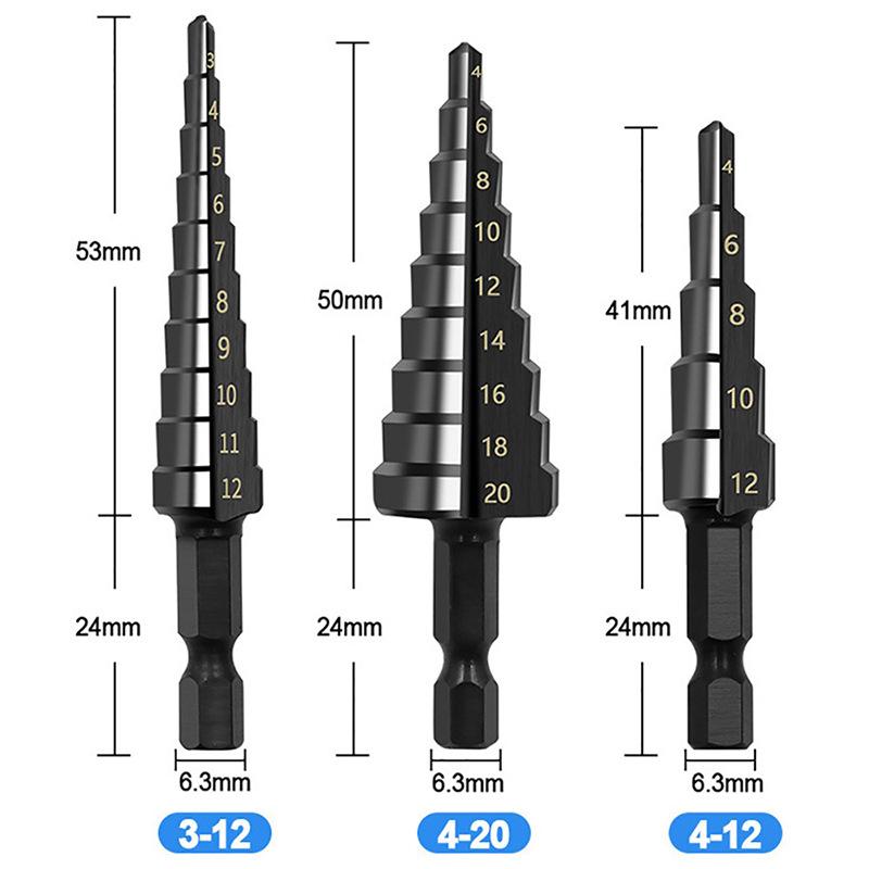 Spiral Groove Step Drill Black 3-piece Set Small 3-piece Straight Groove Triangular Handle Nitrided Pagoda Drill Step Drill Drilling