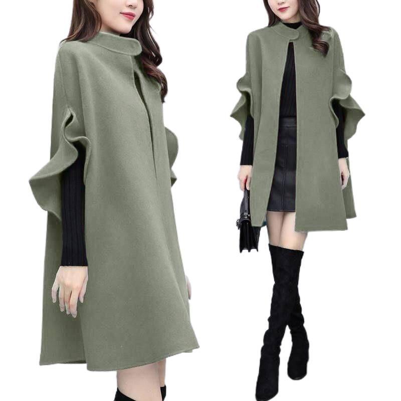 Женское шерстяное пальто-накидка А-силуэта красного цвета большого размера - средней длины, идеально подходит для весны, осени и зимы.