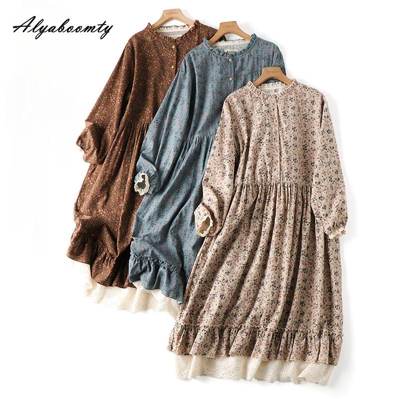 Mori Girl, весенне-осеннее женское платье в стиле ретро с воротником-стойкой, синее, абрикосовое, кофейное, с цветочным принтом, хлопковое и льняное винтажное свободное платье миди