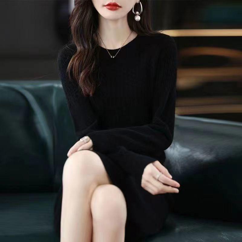 Трикотажное платье средней длины, женское осеннее и зимнее свободное платье-свитер выше колена с круглым вырезом и круглым вырезом, женское платье-свитер с длинными рукавами