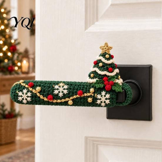 Festive Holiday Room Decor Christmas Door Handle Cover, Knitted Lever Handles Cute Santa Gingerbread Static Free Covers Man Penguin, Sleeve