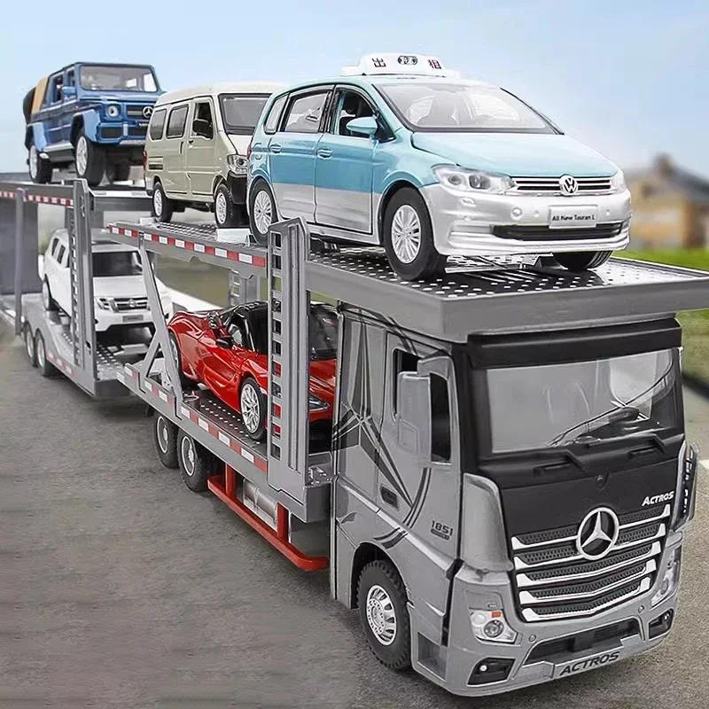 1:24 Mercedes Benz Double Decker Flatbed Transport Vehicle Alloy Diecast Metal Car Model Sound And Light Science Education Serie