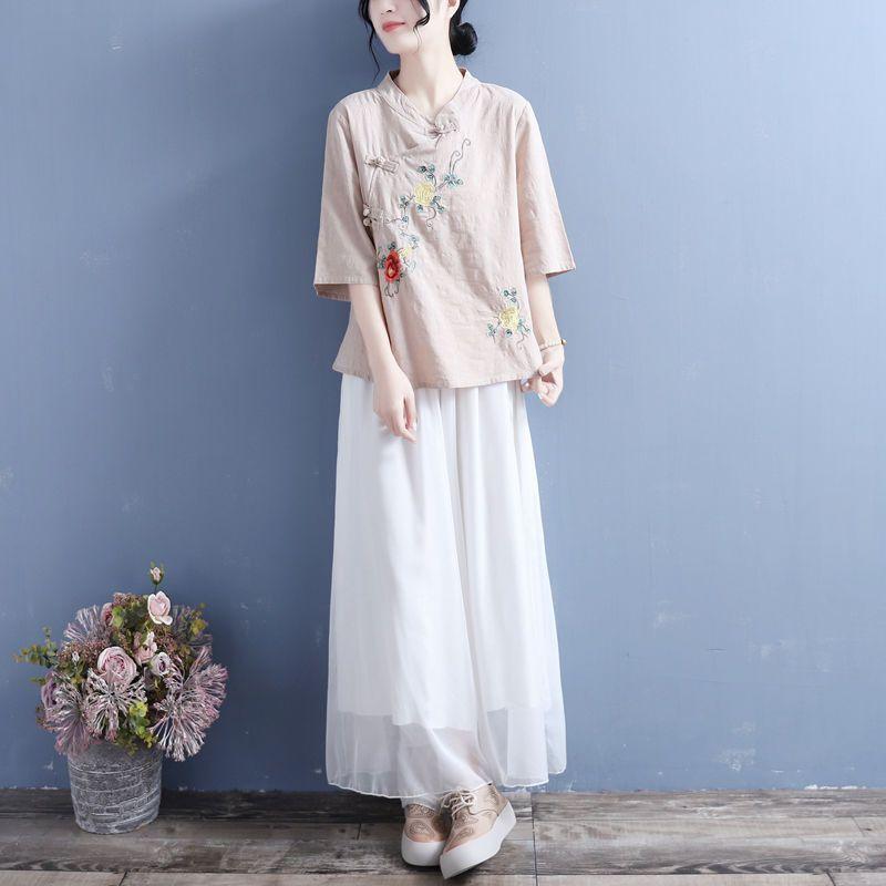 Летняя модная рубашка с коротким рукавом для женщин, повседневная, свободная, с вышитыми пуговицами, пуловеры из хлопка и пеньки, винтажные шикарные топы