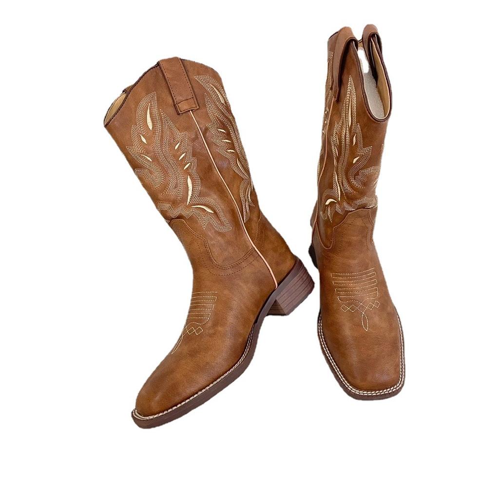 Autumn and Winter Large Size Flat Bottom Low Heel Embroidered High Boots Women's Embroidered Martin Boots