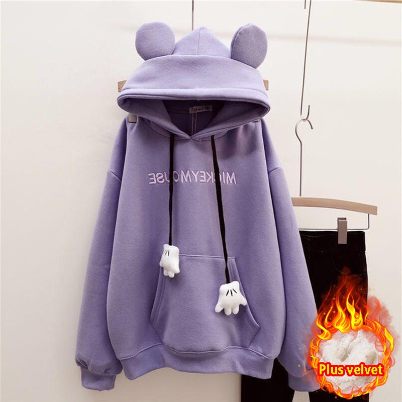 Autumn Winter Girls Hoodies Cute Bear Ears Printing Letter Long Sleeve Sweatshirt Children Fleece Thick Pullover Tops