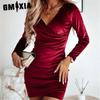 Autumn Winter Long Sleeve V-Neck Women's Color Pleated Everyday Elegant Dress