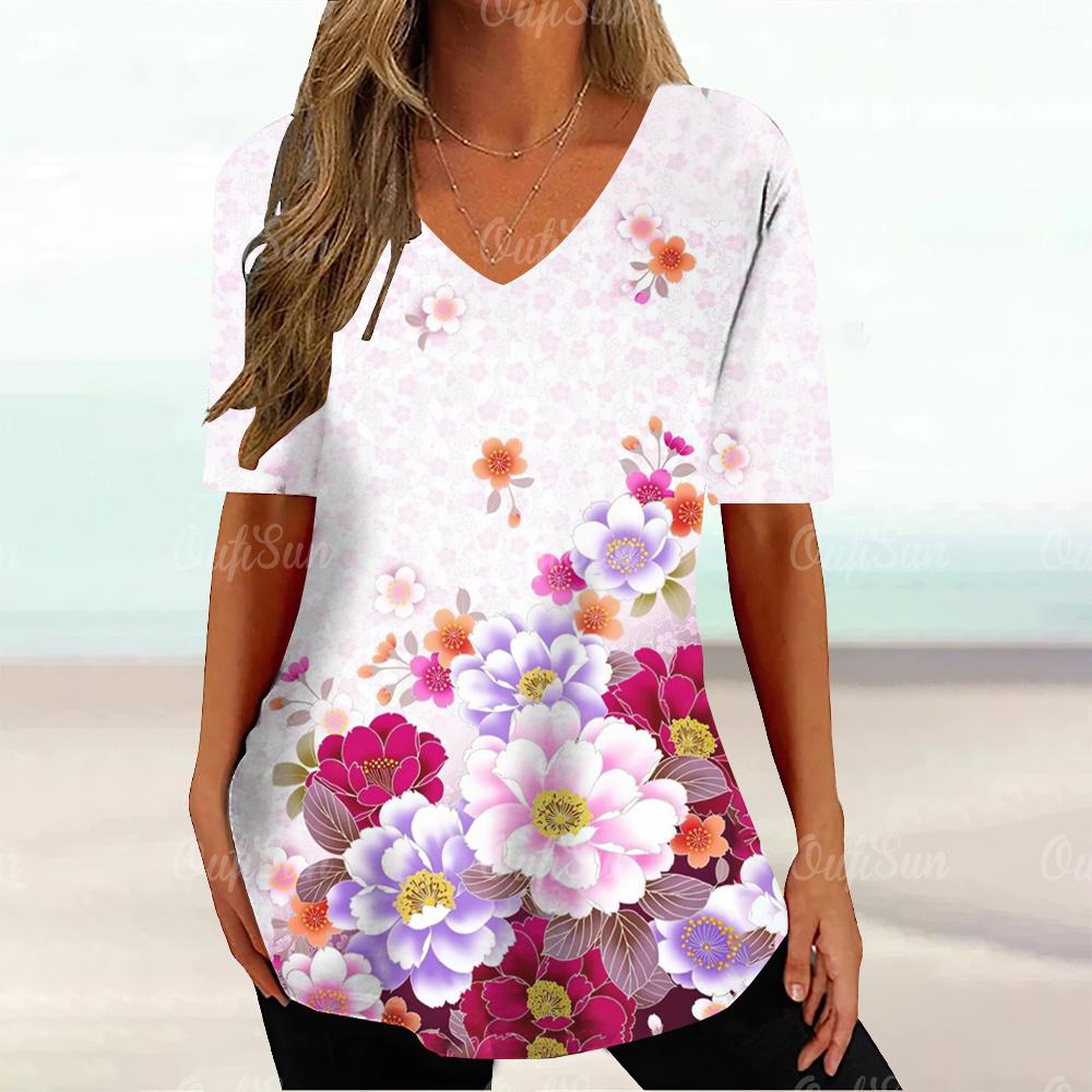 Summer V-neck 3D Floral Printed Top Fashionable Casual Short Sleeved Women's T-shirts