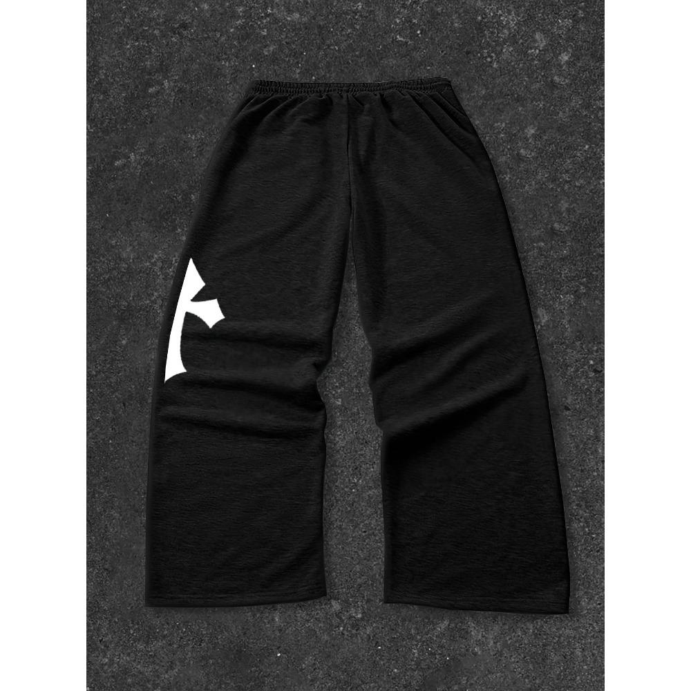 Men's Cross Pattern Letter Printed Drawstring Waistband Casual Black Sports Pants, Fashionable Straight Tube Streetwear Design