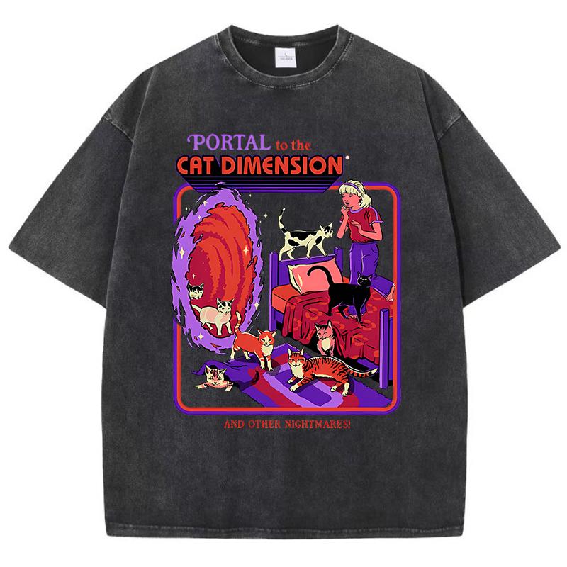 Портал для кота Измерение стирать ретро мужская одежда мода футболки уличная одежда хлопок свободные топы дышащая футболка пара
