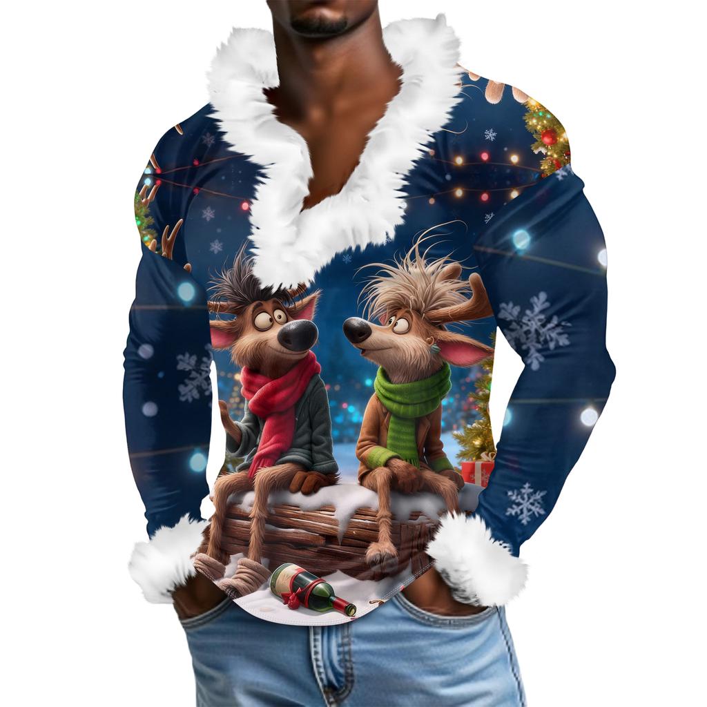 Мужской повседневный рождественский плюшевый свитшот с V-образным вырезом и длинными рукавами из флиса