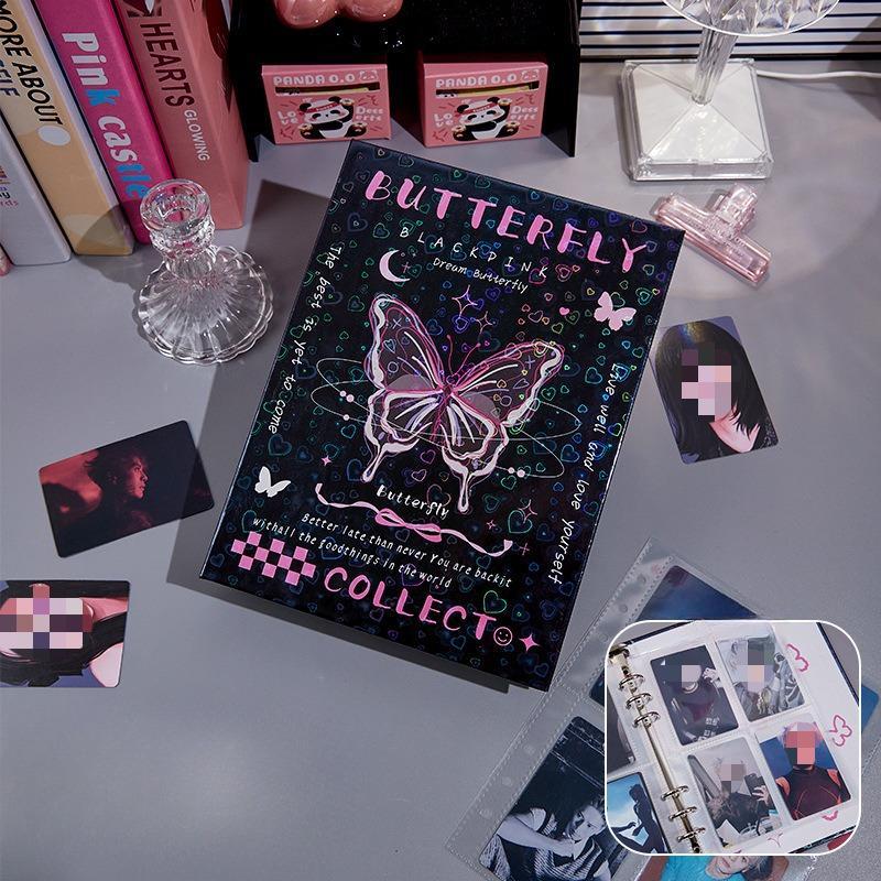 Y2K American Retro Pink Black Butterfly Card Альбом Эстетическая лазерная обложка Girl Kpop 3-дюймовая фотокарточка Сборник Книга 80 шт. Слот для карт