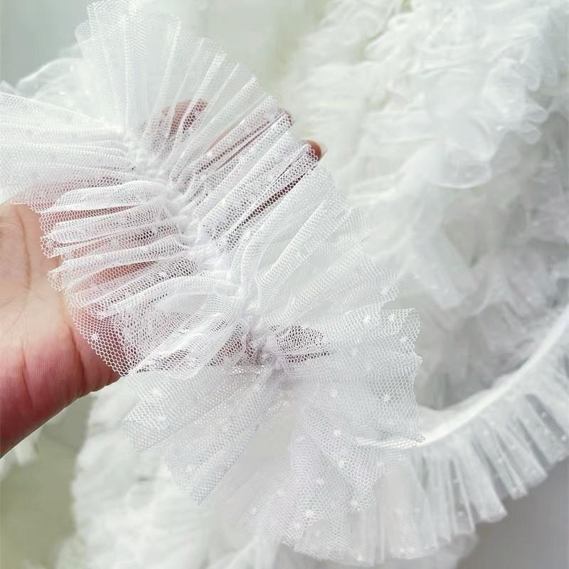 Белое кружево стрейч в горошек с центральной складкой DIY Девочки Одежда Юбка Манжета Вырез горловины Шляпа Пушистая отделка Подушка для автомобиля Швейный материал
