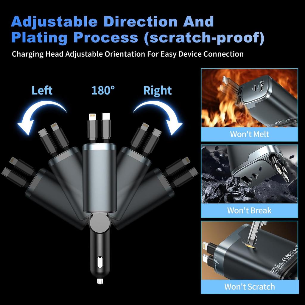 Выдвижное автомобильное зарядное устройство 84 Вт Автомобильное зарядное устройство USB C 4 в 1, Автомобильные аксессуары Адаптер для быстрой зарядки автомобильного зарядного устройства для iPhone 17 16 15 14 13 12 Pro Max, Samsung