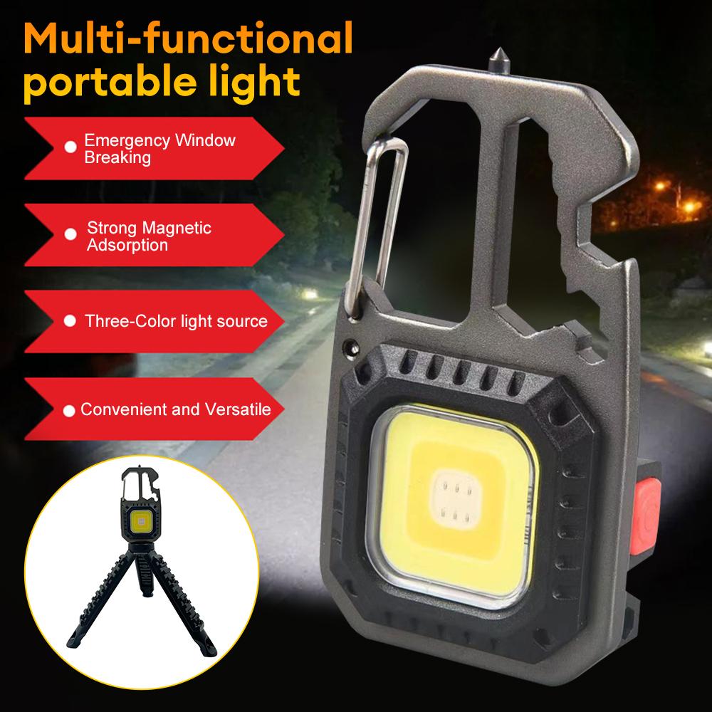 Multifunctional COB Keychain Work Light Flashlight Bottle Opener Outdoor Folding Stand Camping Flashlight with Screwdriver