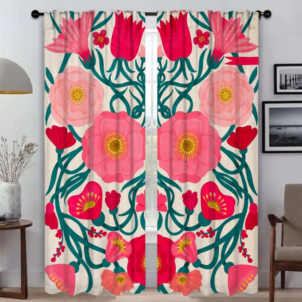 Retro Flower Curtains for Living Room Curtain for Room 2 Panel Shades Halloween Decoration Home Interior Curtains Partition