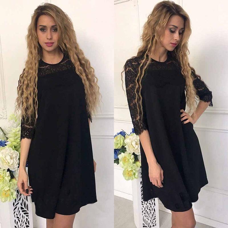 Elegant Women Pure Color Hollow Out Lace Splicing Dress For Stylish Occasions