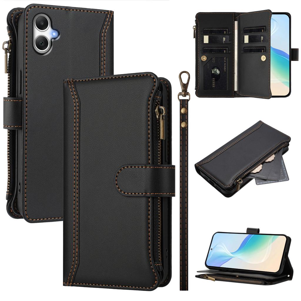 For Samsung Galaxy A06 4G/Galaxy A06 5G Leather Case 9 Card Slots Zipper Wallet Stand Phone Cover with Wrist Strap