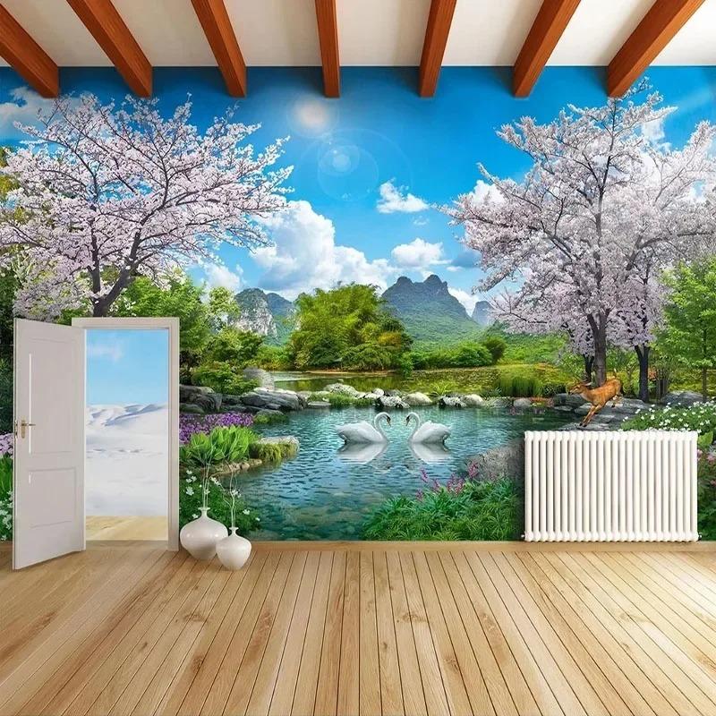 3d Природа Пейзаж Обои Лебединое озеро Обои Гостиная Спальня Настенная роспись Фрески Домашний декор
