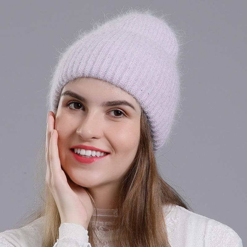 Женская зимняя теплая вязаная шерстяная универсальная шапка-пуловер с высокими фланцами и блестками из кроличьей шерсти