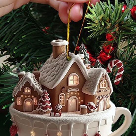 2 Pcs Coffee Cup Christmas Tree Ornaments 2D Acrylic Winter Village Snow House Hot Chocolate Mug Shape Xmas Hanging Pendents for Holiday Decor