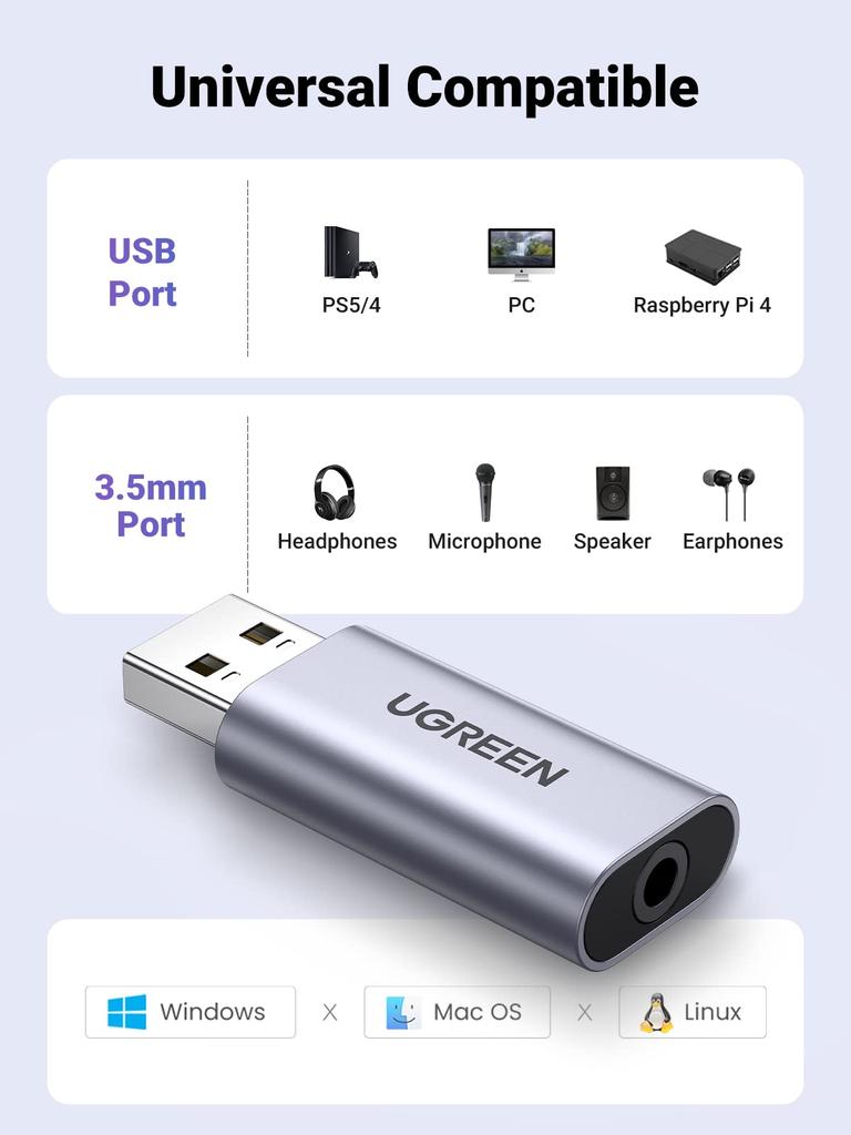 UGREEN USB-адаптер для наушников, внешняя звуковая карта, USB-адаптер для преобразования, встроенный терминал TRRS, прямой тип подключения, идеально подходит для PS5 3,5 мм