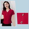Women T-shirt V-Neck Buttons Decor Short Sleeve T-Shirt Slim Fit Soft Elastic Pullover Tops Commuting Style Tops