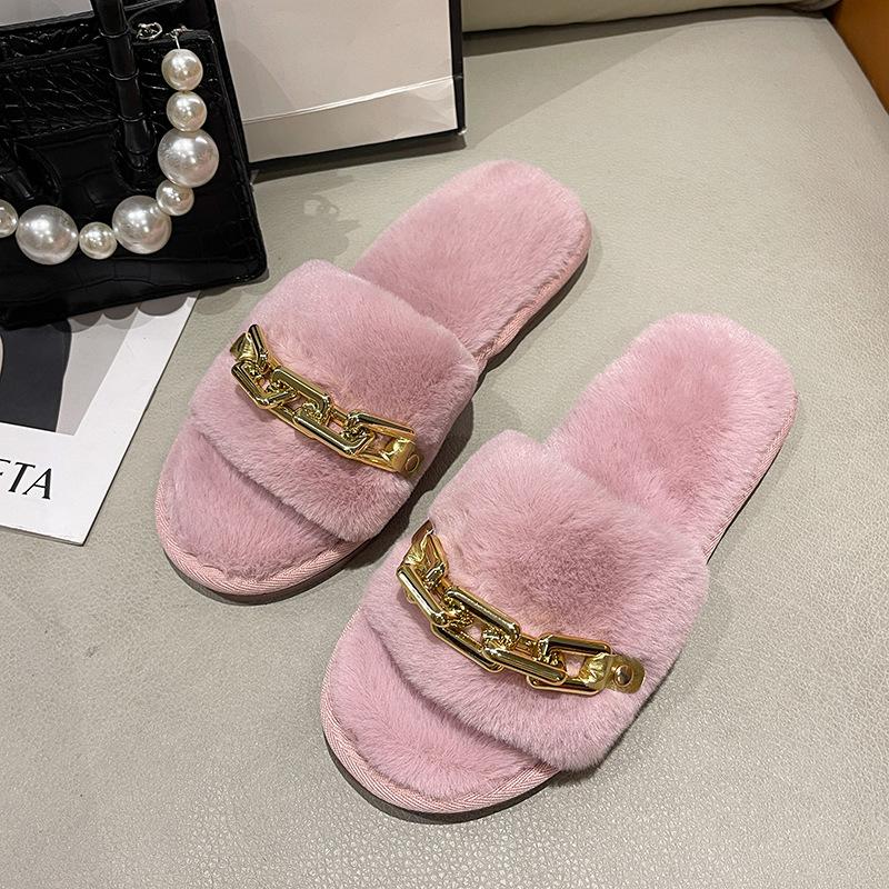Новые хлопковые тапочки, модные металлические цепочки, теплые домашние плюшевые тапочки, женские удобные туфли на плоской подошве 2024