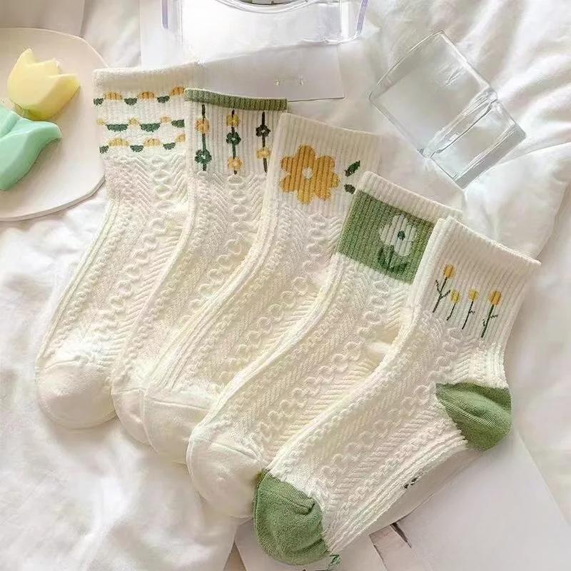 Женский комплект носков из хлопка с цветочным принтом для девочек, весна-осень, японский дышащий комплект коротких носков для студентов