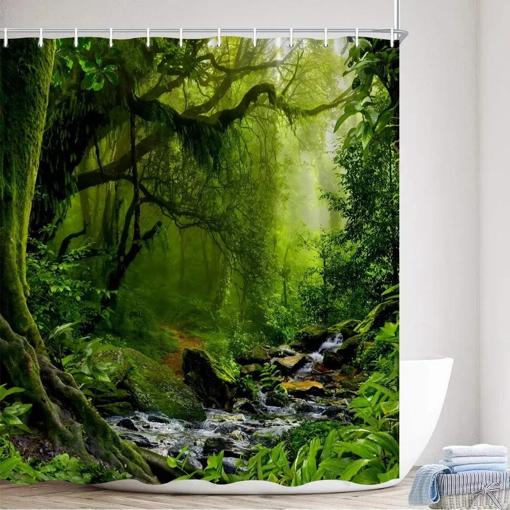 Tropical Rainforest Shower Curtains Forest Plants Rustic Nature Scenery Bath Curtain Garden Wall Hanging Bathroom Decor Hooks