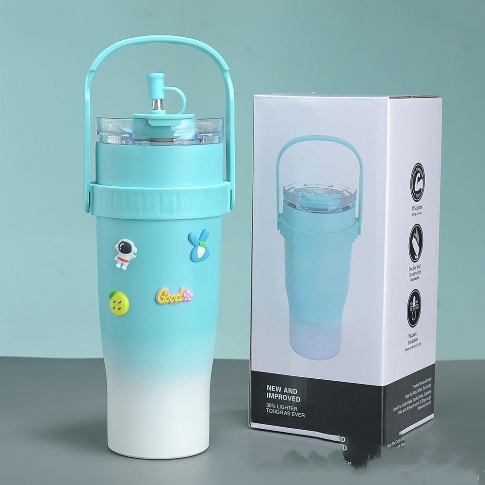 Large Cup Thermos Capacity Stainless Steel Convenient Durable Straw Carried Can