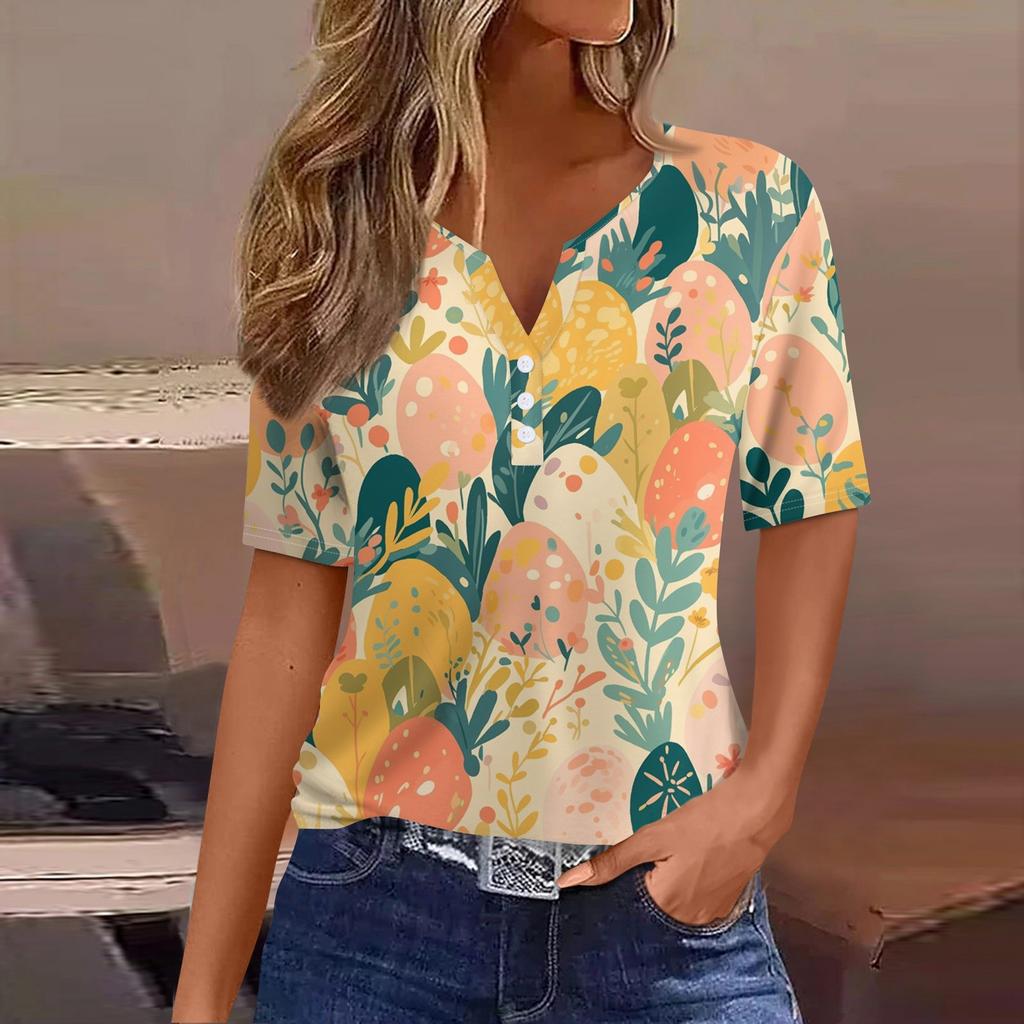 Women's T Shirt Print Button Short Sleeve Daily Weekend Fashion Basic V-Neck Regular Top