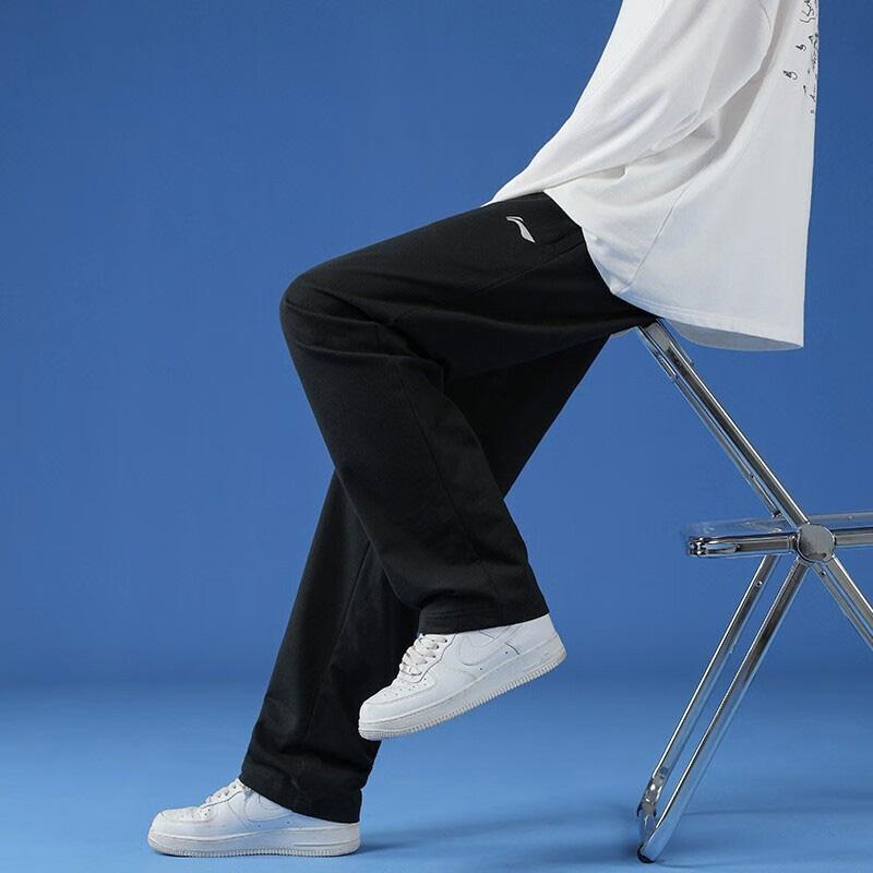 Li Ning Logo Print Solid Color Fleece Lined Straight Fit Knitted Sweatpants Men's Black YKLT415-1