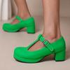 FOREADA Women Pumps Thick High Heels Round Toe T-Tied Buckle Party Concise Fashion Spring Autumn Shoes White Blue Green Purple