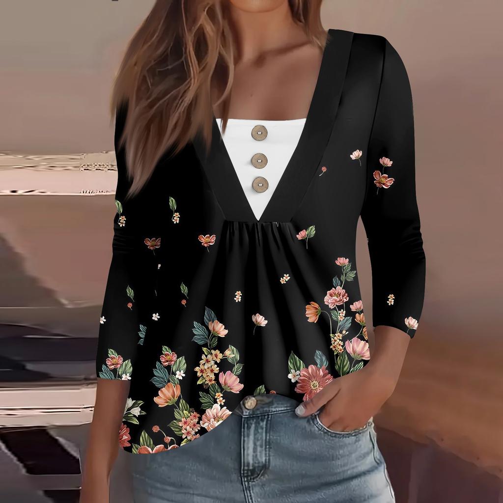 Women's Fashion Casual Long Sleeve Shirt Floral Printed Button V Neck Up Tops