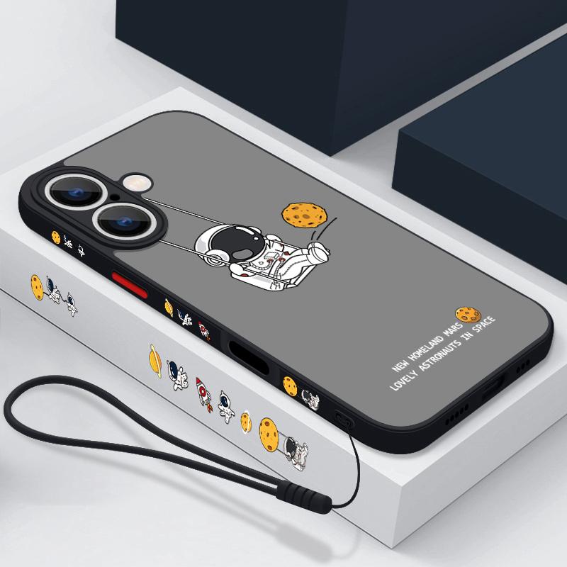 Матовый прозрачный чехол с рисунком лунного астронавта для iPhone 16 Pro Max 15 Plus 14 13 Pro 12 11 XR, защитный ремешок для объектива, противоударный, мягкий, тонкий чехол для телефона