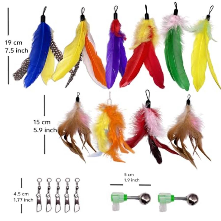 10 Pieces Cat Feather Toy Refills, Cat Wand Replacement Feathers Toys with Clip and Removable Bell, Wand Attachment Feather Toy