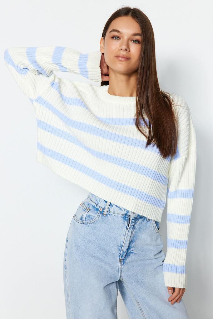 Женский свитер в элегантном стиле, укороченный вязаный свитер в полоску с камнями