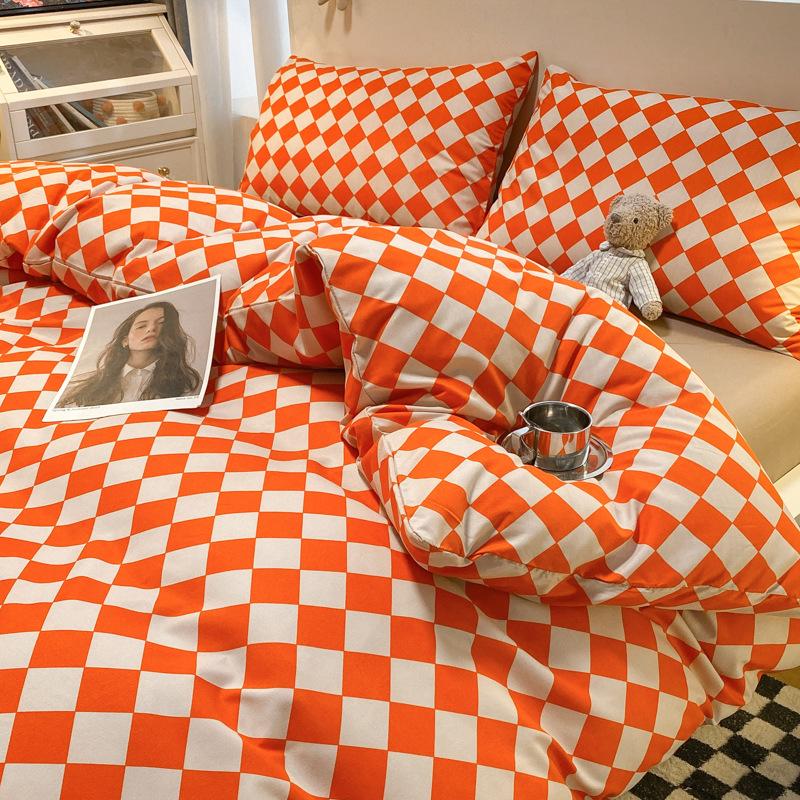 Простыня в клетку из четырех предметов и пододеяльник в японском стиле в скандинавском стиле, набор из трех предметов из стираного хлопка с начесом