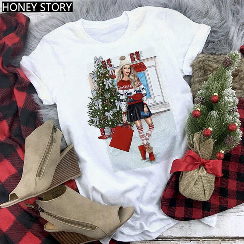 Kawaii Cartoon Merry Christmas Tree Graphics Women T-Shirts 90S Summer Short Sleeves Loose Round Neck Female Y2K Tops