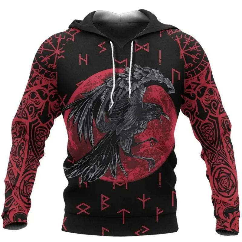 2024 Новая толстовка с капюшоном 3d Viking Harajuku Print Pullover Мужская толстовка с капюшоном свободного размера Винтажная мужская одежда Осень с длинным рукавом