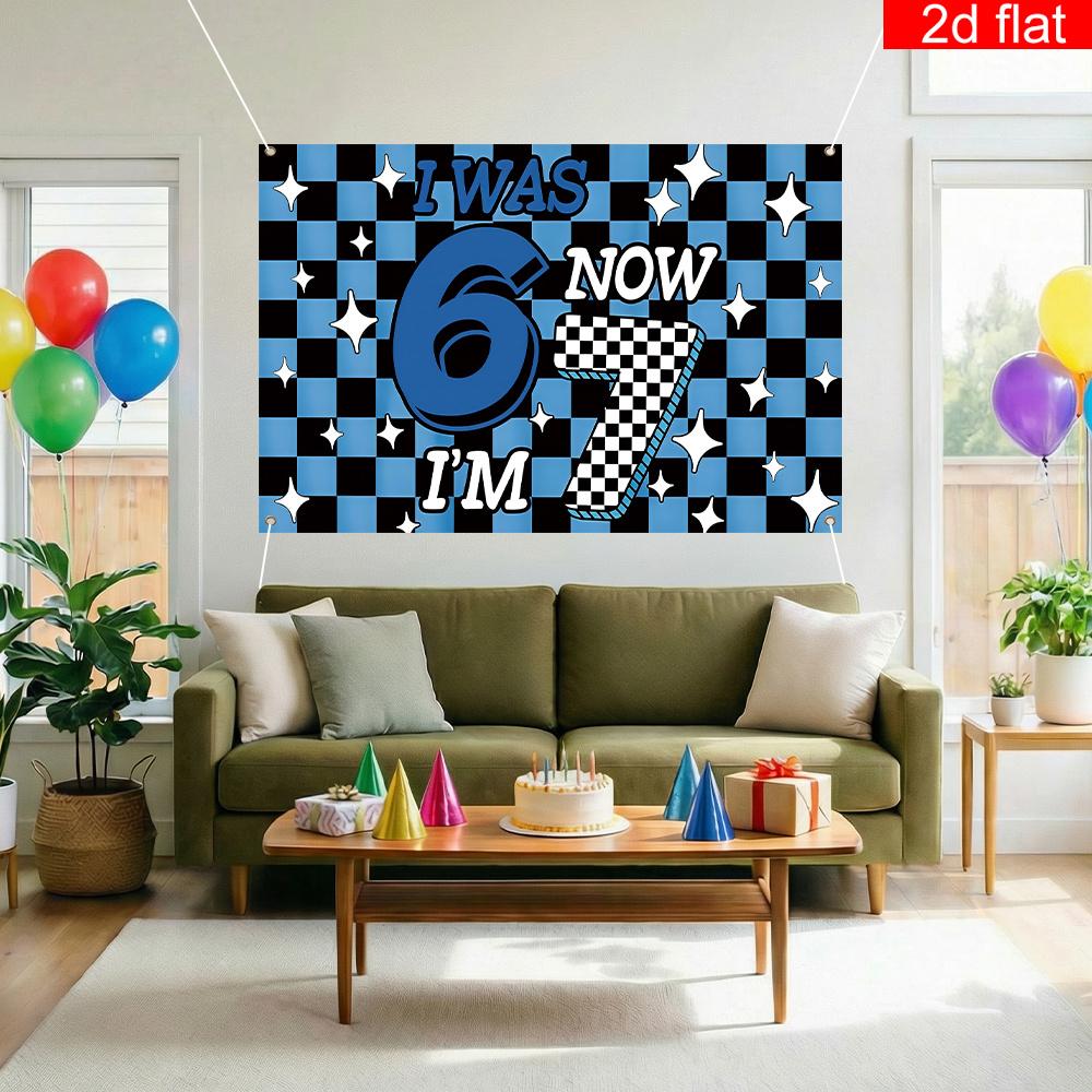 2D flat banner, 1 piece, birthday theme party backdrop, polyester, black and blue checkered background, birthday party